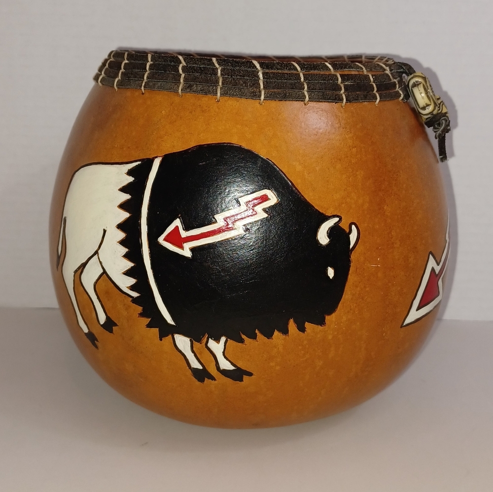 Hand-Painted Buffalo Gourd Sculpture - Black & White